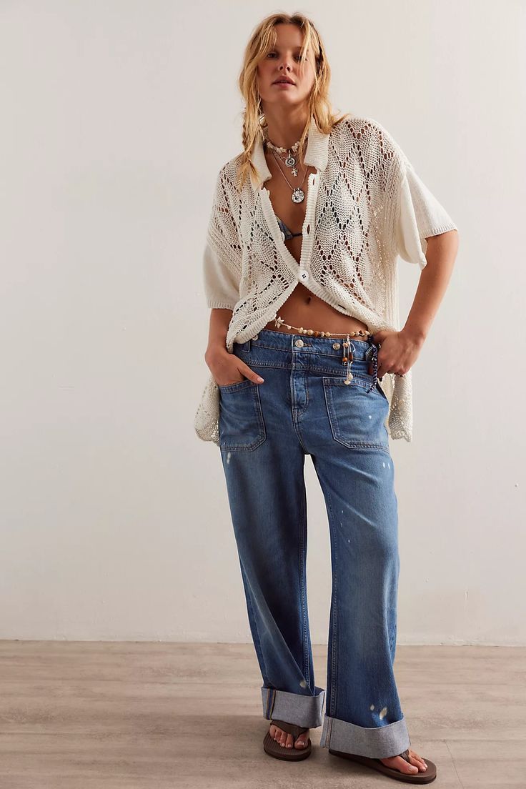 We The Free Palmer Cuffed Jeans | Free People Relaxed Jeans With Pockets For Fall, Relaxed Jeans For Fall, Ropa Upcycling, Sporty Sneakers, Cuffed Jeans, Wide Leg Denim, Swimwear Accessories, Polished Look, Swimwear Tops