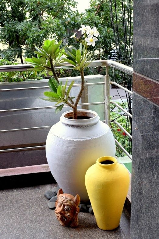 two vases with plants in them sitting on the ground next to each other near a railing