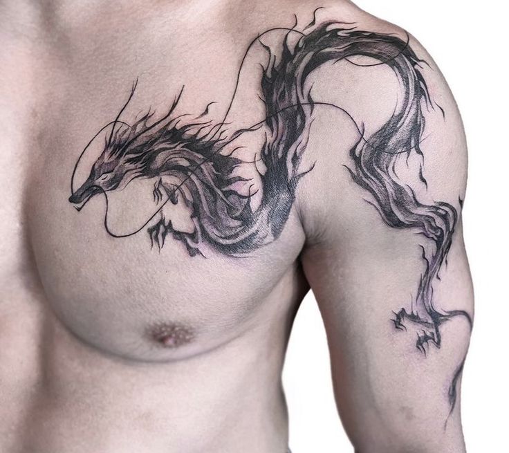 a man with a dragon tattoo on his chest