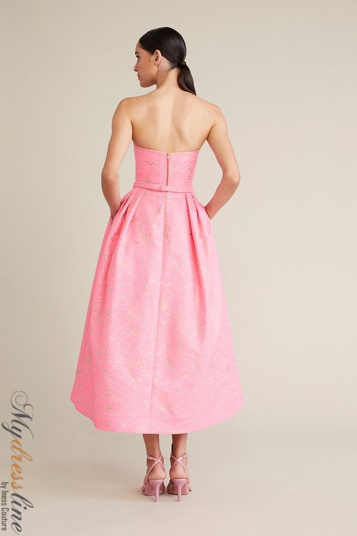 Looking for a unique and stylish dress for your next special event? Check out the Audrey+Brooks 6237 Strapless midi dress! This gorgeous dress features a draped bodice with a bow at the waist, a full midi skirt silhouette with crinoline, and a hidden back zipper. It's also satin lined for an extra touch of luxury. Made from 83% ACRYLIC and 17% POLYMETALLIC, this dress is sure to turn heads wherever you go. Feminine A-line Strapless Evening Dress, Glamorous A-line Strapless Dress For Weddings, Feminine A-line Strapless Dress For Evening, Elegant A-line Strapless Dress For Gala, Glamorous Jacquard Dress For Formal Occasions, Feminine Jacquard Evening Dresses, Pink Tea Length Evening Dress, Pink Tea-length Evening Dress, Gala Jacquard Dress With Fitted Bodice