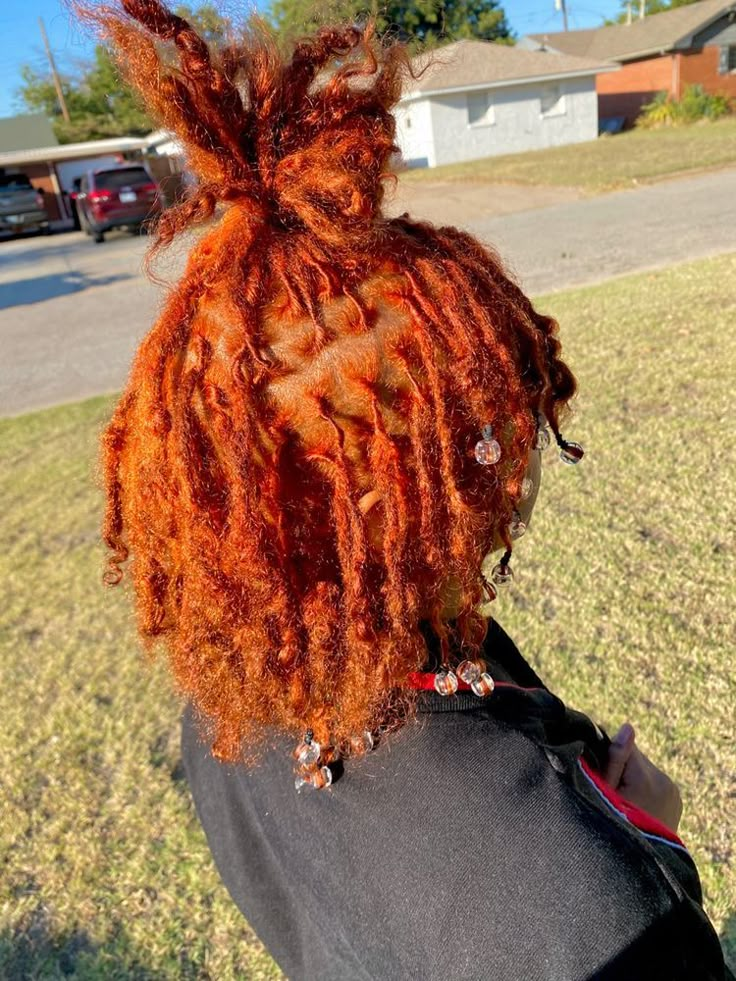 Dye Dreads Black Women, Dyed Locs Black Women Natural Hair, Orange And Blonde Locs, Red And Blonde Locs Black Women, Red And Orange Locs, Colors To Dye Your Locs, Dyed Dreadlocks Black Women, Colorful Locs Black Women, Dyed Dreads Black Women