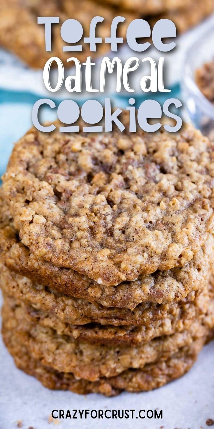 three oatmeal cookies stacked on top of each other with text overlay