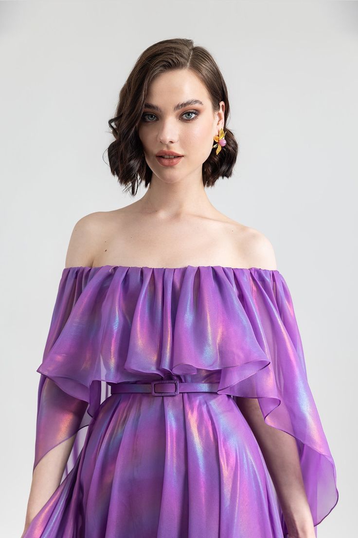 Description Purple A-line, Long dress Cape shape, Short Sleeves Off shoulder Chiffon Dry Clean Evening Dress Made in Lebanon EDR23 1809LD Dress Cape, Pleated Bodice, Cape Dress, Purple Dress, Lebanon, Chiffon Dress, Dress Making, Evening Dress, Long Dress