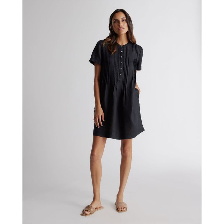 Short-sleeved, relaxed style. Super versatile and easy to wear. Featuring pin-tucking up top, shell buttons, and pleat detailing. Our linen collection is made from 100% European flax linen—an eco-friendly, and resource-light material. | Quince | Women's 100% European Linen Short Sleeve Swing Dress in Black, Size XS Layer Salad, Silk Tee, Linen Short Sleeve, 7 Layer, Summer Swag, Linen Collection, Linen Shirt Dress, Linen Short, European Linens