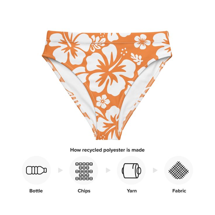 Turn heads at the beach with our orange and white hibiscus flowers on white high waisted bikini bottom. These bold and playful flowers will make a statement while providing the perfect fit to flatter your figure. Enjoy comfort and style all in one! Bathing suit bottom is comfortable, high-waisted, and double-layered. • Double-layered and non-reversible • Tear-away care label • Zig-zag stitching *Swimsuit top only and two piece set with this design are listed and sold separately. This product is Tropical White Bottoms For Beach Party, White Floral Print Bottoms For Beach Party, White Floral Print Pool Bottoms, White Tropical Print Beach Bottoms, White Fitted Hawaiian Swimwear, Fitted White Hawaiian Swimwear, White Tropical Print Bottoms For Beach Season, White Surfing Swimwear For Vacation, Hawaiian White Floral Print Swimwear