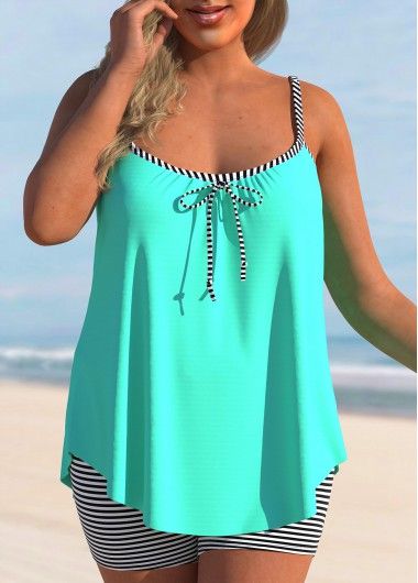 Color:Cyan;Size:1X;Size:3X;Composition:82% Polyester, 18% Spandex;Decoration:Bowknot;Occasion:Beach;Pattern Type:Stripe;Bottom Type:Shorts;Season:Summer;Style:Vacation;Color Scheme:Green;Washing Instructions:Hand Wash;Bra Style:Padded;Package Contents:1 X Top , 1 X Shorts;Strap Style:Unadjustable;Pad Style:Removable;Support:Wire Free; Plus Size Tankini Set, Plus Size Tankini With Shorts, Plus Size Swimwear Big Belly, Target Swimsuit, Striped Tankini, Plus Size Tankini, Bra Style, Tankini Set, Casual Slippers