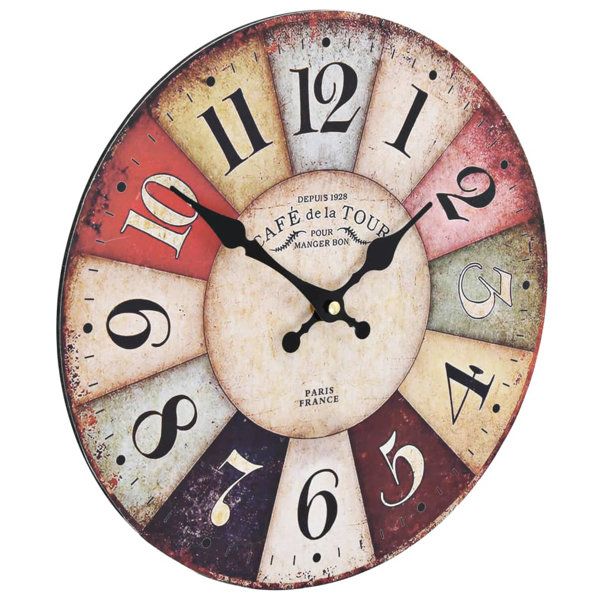 a colorful clock with numbers on it and the words cafe tour written in roman numerals