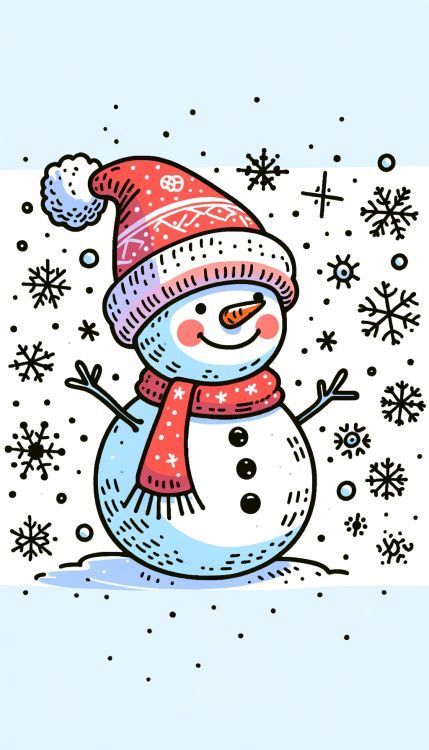 a drawing of a snowman wearing a santa hat, scarf and mittens in the snow