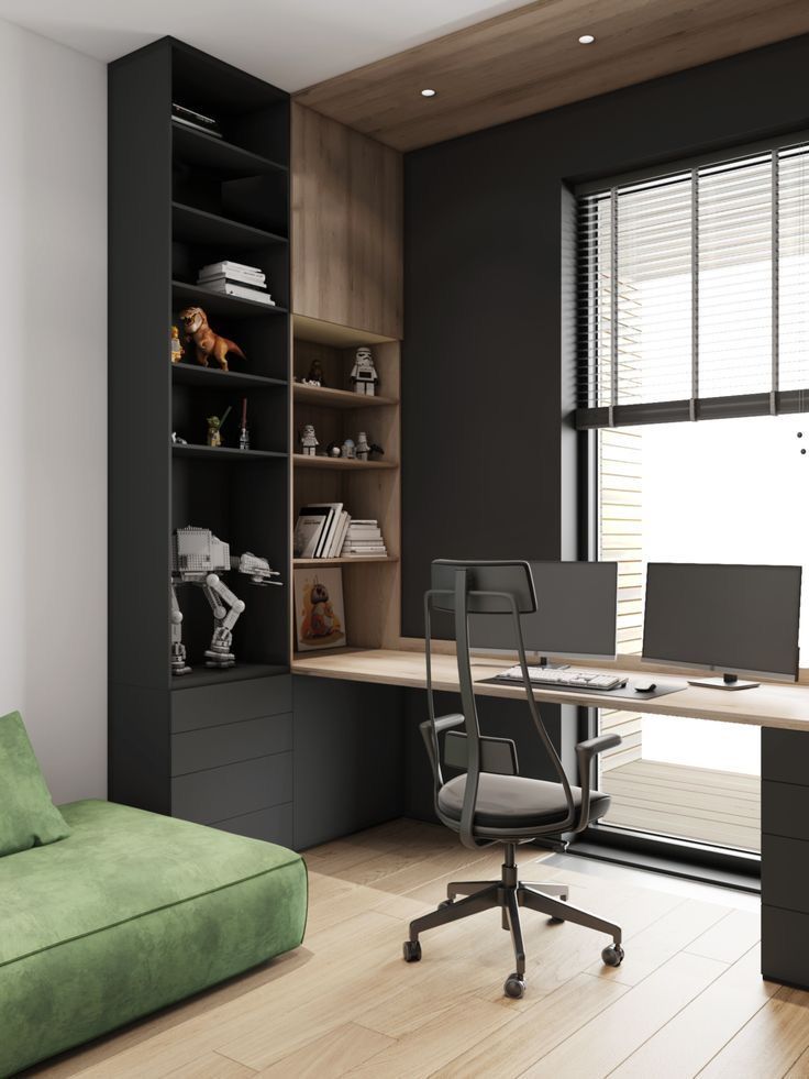 an office with a couch, desk and bookshelf next to a large window