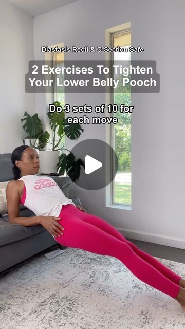 a woman in pink leggings laying on a couch with the caption do 3 exercises to tighten your lower belly pooch