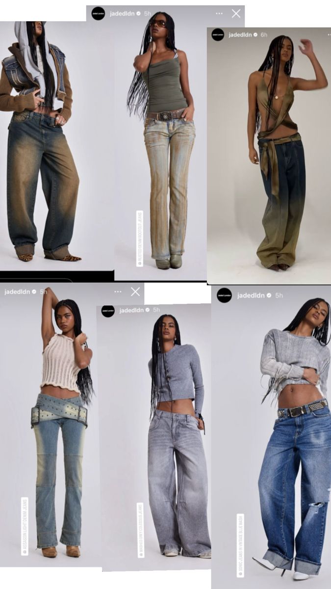 six images of different types of women's jeans and tops, all with the same color