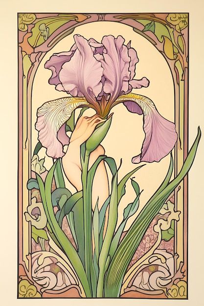 an art nouveau painting of a purple flower