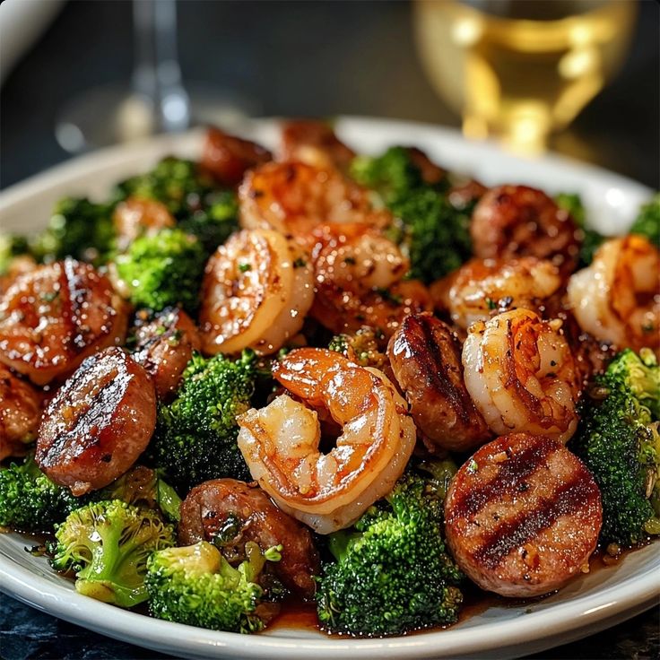 shrimp and broccoli on a plate next to a glass of wine in the background