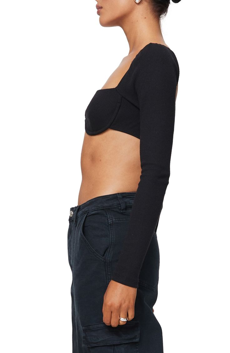 Be date-night ready in this cool cropped top designed with a square neckline and allover ribbing. Square neck Built-in underwire bra Long sleeves 75% polyester, 20% rayon, 5% elastane Machine wash, dry flat Imported Chic Fitted Crop Top With Straight Neckline, Trendy Tops With Built-in Bra And Square Neck, Bra Friendly Cropped Top For Night Out, Bra-friendly Cropped Tops For Night Out, Trendy Seamless Square Neck Crop Top, Black Square Neck Crop Top For Spring, Fitted Seamless Tops With Straight Neckline, Fitted Crop Top With Straight Neckline For Spring, Fitted Elastane Crop Top For Night Out