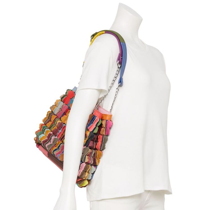 You'll love the colorful style of this AmeriLeather Papillon leather shoulder bag. You'll love the colorful style of this AmeriLeather Papillon leather shoulder bag. DETAILS 14.5"L x 11.25"H x 6.25"W Handle: 12'' drop Magnetic snap closure Silver-tone hardware Interior: 1 zip pocket, 2 slip pockets Water repellentCONSTRUCTION & CARE Exterior: leather Lining: polyester Wipe clean Imported Size: One Size. Color: Multicolor. Gender: female. Age Group: adult. Material: Cotton. Multicolor Satchel Shoulder Bag With Adjustable Strap, Trendy Multicolor Hobo Bag Tote, Trendy Multicolor Hobo Tote Bag, Trendy Multicolor Bags With Leather Handles, Multicolor Hobo Bag For Shopping, Multicolor Tote Shoulder Bag With Adjustable Strap, Multicolor Leather Bucket Shoulder Bag, Multicolor Satchel Hobo Bag For Shopping, Multicolor Satchel With Leather Handles For Daily Use