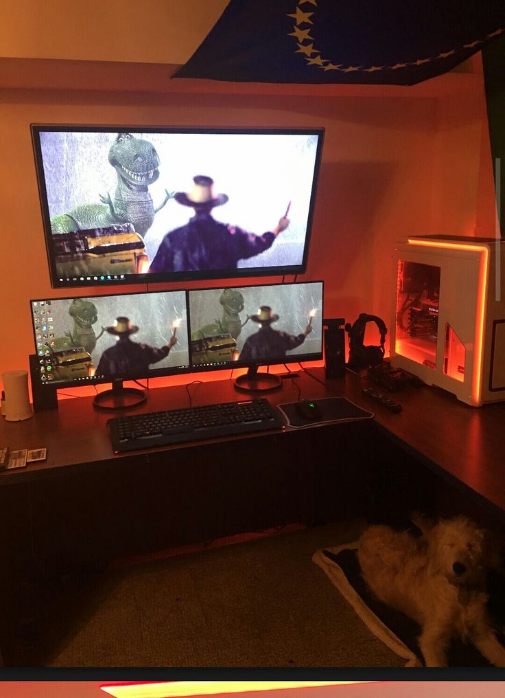 a dog laying on the floor in front of two computer monitors with cowboy images on them