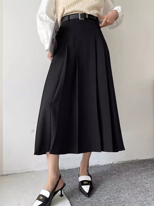 A-Line High Waisted Pleated Solid Color Split-Joint Skirts BLACK-L Black High Waist Pleated Skirt For Summer, High Waist Black Pleated Skirt Bottoms, Black Casual Pleated Skirt For Fall, Relaxed High Waist Black Skirt, Black High Waist Relaxed Fit Skirt, Casual Black High-waisted Pleated Skirt, Black High Waist Relaxed Skirt, Black Flared Pleated Skirt, Casual Black High Waist Pleated Skirt