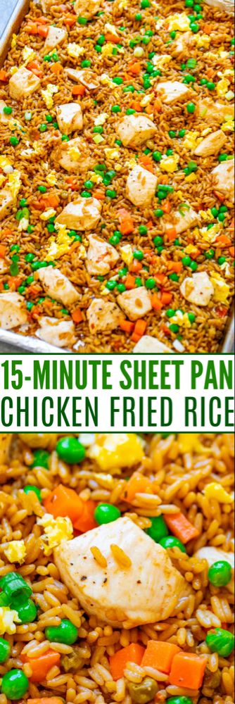 chicken fried rice with peas and carrots is shown in two different pans on the same side