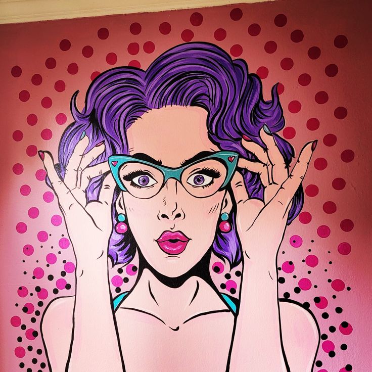 a painting of a woman wearing glasses and holding her hands up to her face with polka dots on the background