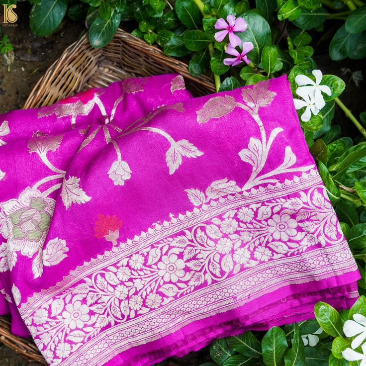 Handloom Banarasi Tussar Silk Purple Meenakari Saree - Khinkhwab Jeqard Design, Meenakari Saree, Banarasi Saree, Natural Gold, Banarasi Sarees, Cut Work, Natural Fabrics, Pure Silk, Saree Designs