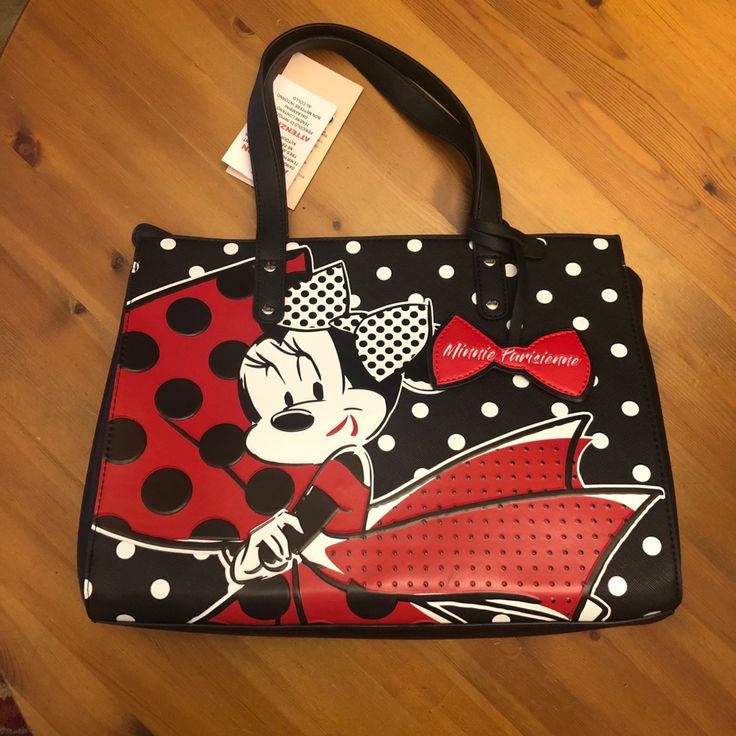 Disneyland Paris Exclusive Minnie Handbag. Brand New With Tags. Cute Black Satchel Tote Bag, Cute Black Satchel Tote, Cute Black Tote Satchel, Black Retro Bag As Gift, Trendy Minnie Mouse Bags For Daily Use, Cute Minnie Mouse Bags For Everyday Use, Red Minnie Mouse Bag For Daily Use, Rectangular Minnie Mouse Bag For Everyday Use, Black Minnie Mouse Bag For Everyday Use