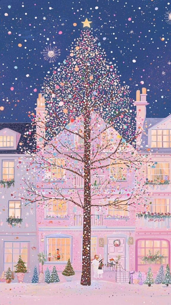 a painting of a christmas tree in front of a pink building with snow falling on the ground