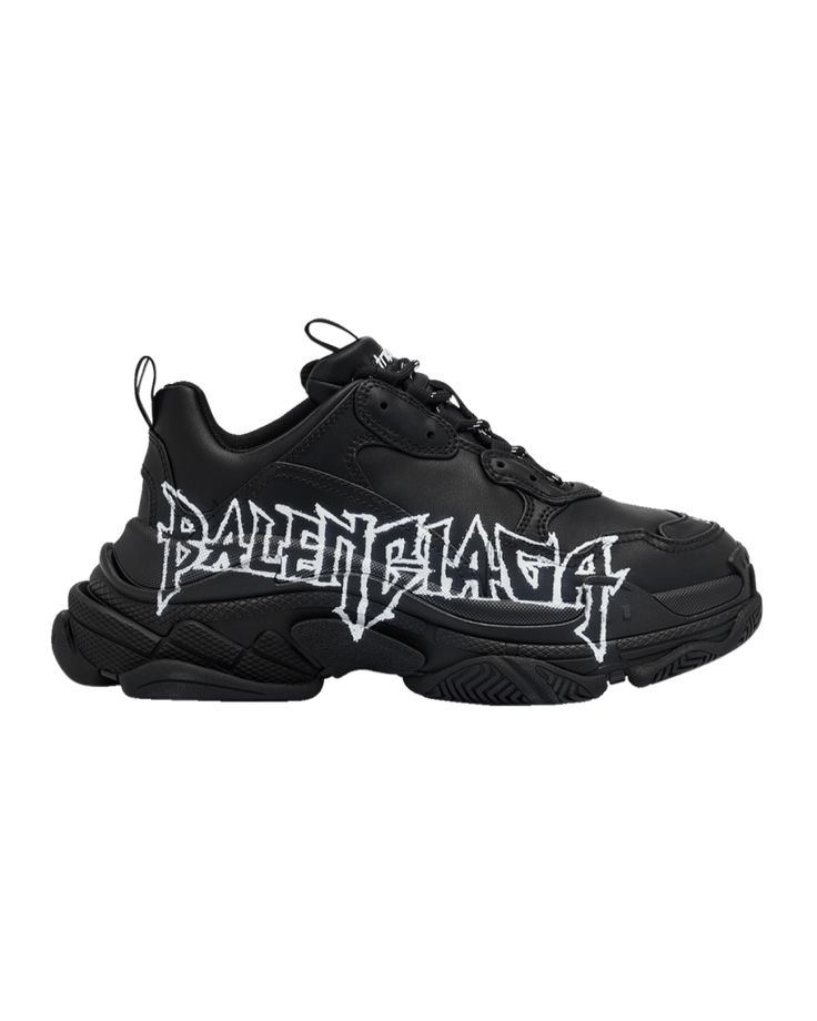 Balenciaga "Triple S" fashion sneakers in calf leather with contrast logo lettering. Chunky flat heel. Reinforced round toe. Lace-up vamp. Pull-tab at tongue and backstay. Padded collar. Rubber sole. Spot clean. Imported. High-top Custom Sneakers With Embossed Logo For Streetwear, Custom High-top Sneakers With Embossed Logo For Streetwear, Medium Fit High-top Sneakers With Rubber Sole For Streetwear, Lace-up Logo Print Sneakers For Streetwear, Black Custom Sneakers With Logo For Streetwear, Custom Black Sneakers With Logo For Streetwear, Lace-up Sneakers With Logo Print For Streetwear, Black Custom Logo Sneakers For Streetwear, Low-top Logo Sneakers For Streetwear