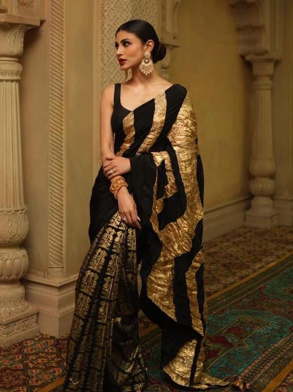 House Of Masaba | Black Crinkle Sari With Unstitched Blouse | INDIASPOPUP.COM House Of Masaba, Caribbean Fashion, Pleated Saree, Simple Sarees, Black Saree, Statement Choker, Saree Trends, Lakme Fashion Week, Stylish Sarees