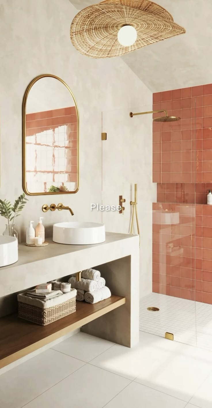 a bathroom with two sinks, mirrors and pink tiles on the shower wall in it