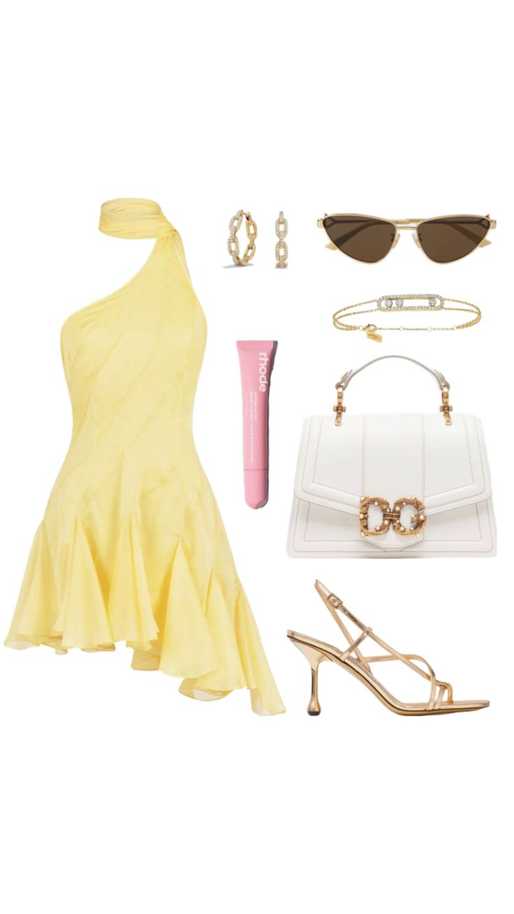 #dress #summer #yellow #aesthetic #primavera Blair Waldorf Aesthetic Summer, Yellow Dress Accessories Jewellery, Yellow Clothing Aesthetic, Wag Outfits Style, Yellow Outfits Aesthetic, Summer Outfit Collage, Yellow Aesthetic Outfit, Colorful Outfit Ideas, Summer Birthday Outfits