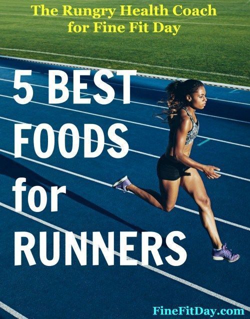 a woman running on a track with the words 5 best foods for runners