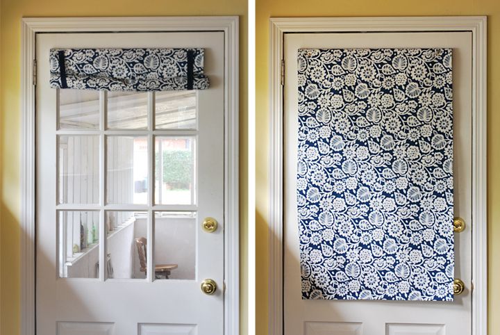 two pictures of the same door and window in different rooms, one with blue and white curtains