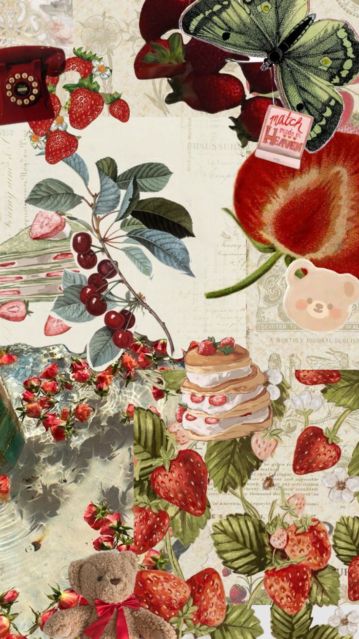 an altered collage of strawberrys, flowers and other things on paper with butterflies