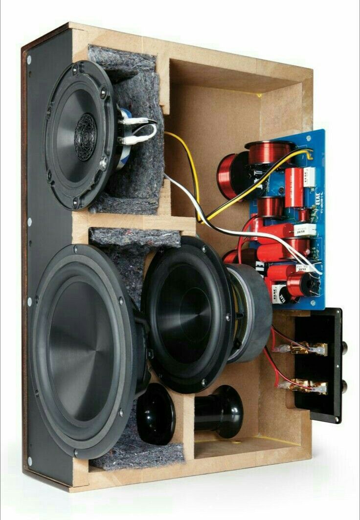 two subwoofers in a wooden box with wires