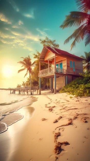 a house on the beach at sunset with palm trees and water in the foreground