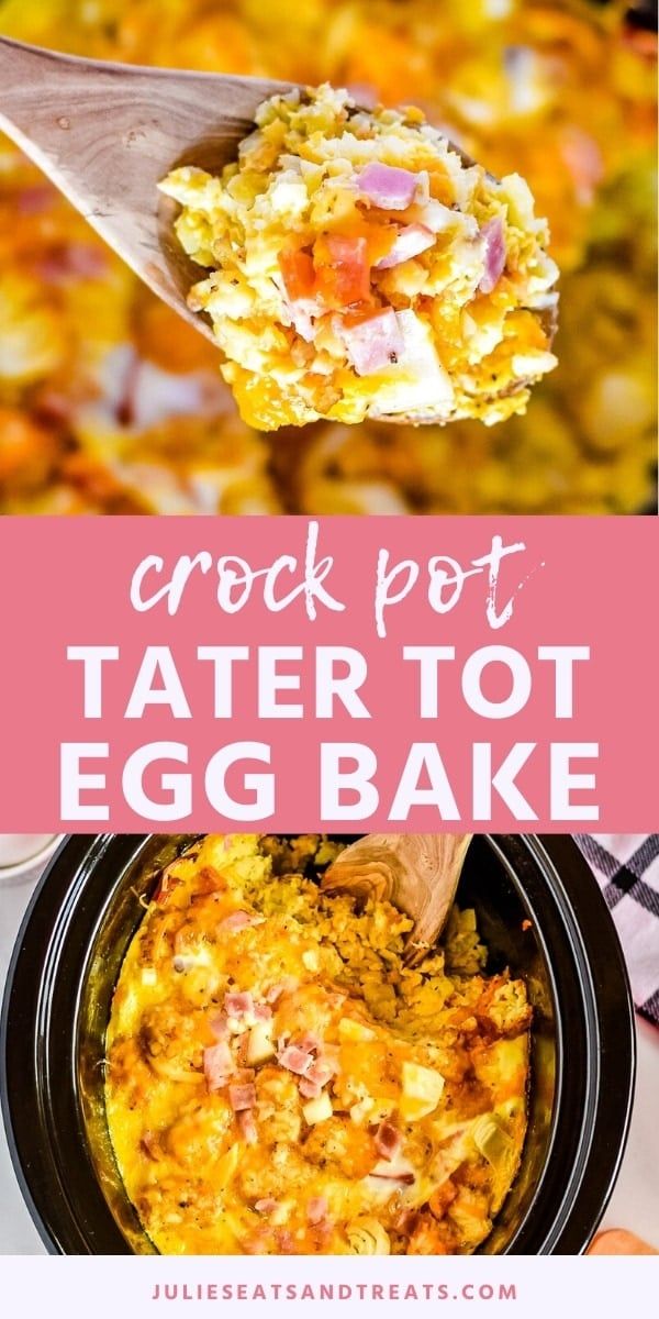 crock pot tater tot egg bake with text overlay