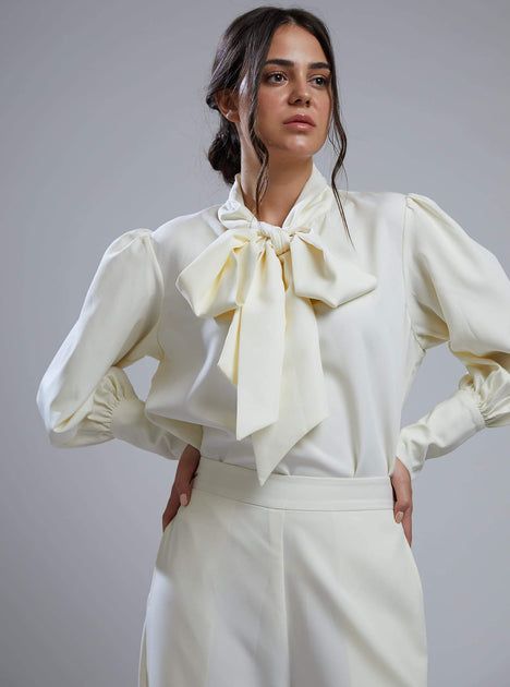 White Blouse With Tie Sleeves For Daywear, Chic White Blouse With Tie Sleeves, White Tie Neck Top With Tie Sleeves, White Tie Sleeves Blouse For Office, Chic Tops With Detachable Bow For Spring, White Tie Sleeves Blouse For Fall, White Blouse With Tie Sleeves For Fall, White Tie Sleeve Blouse For Fall, White Blouse With Tie Sleeves For Brunch