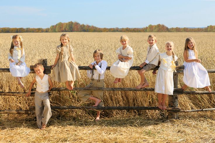 a group of young children standing on top of a wooden fence in front of a wheat field