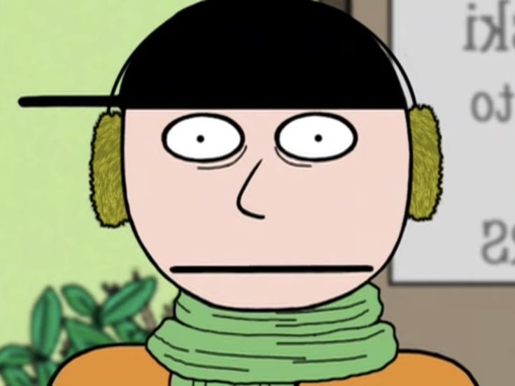 a cartoon character with headphones and a scarf around his neck