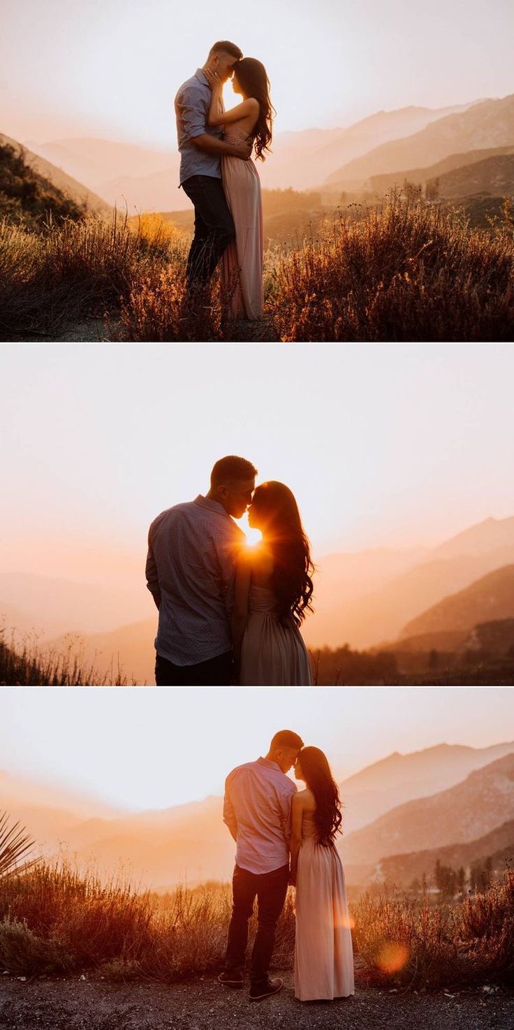 two people are kissing in the mountains at sunset, and one person is holding his head up