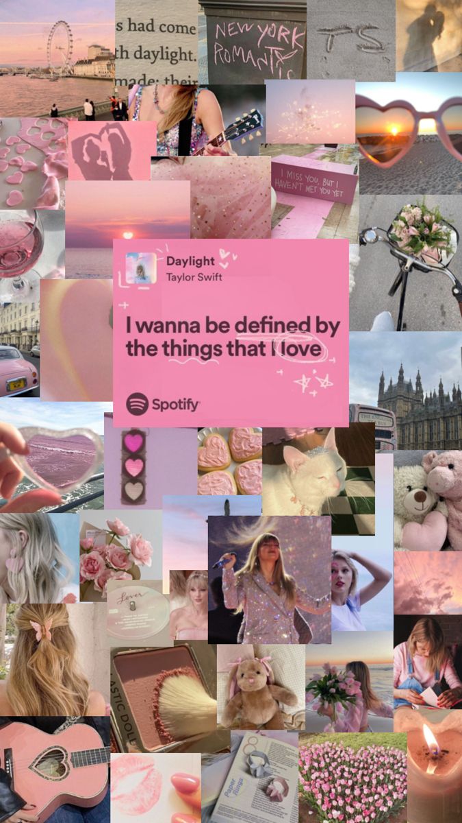 a collage of photos with pink and white hearts, flowers, teddy bears, candles, pictures, and words