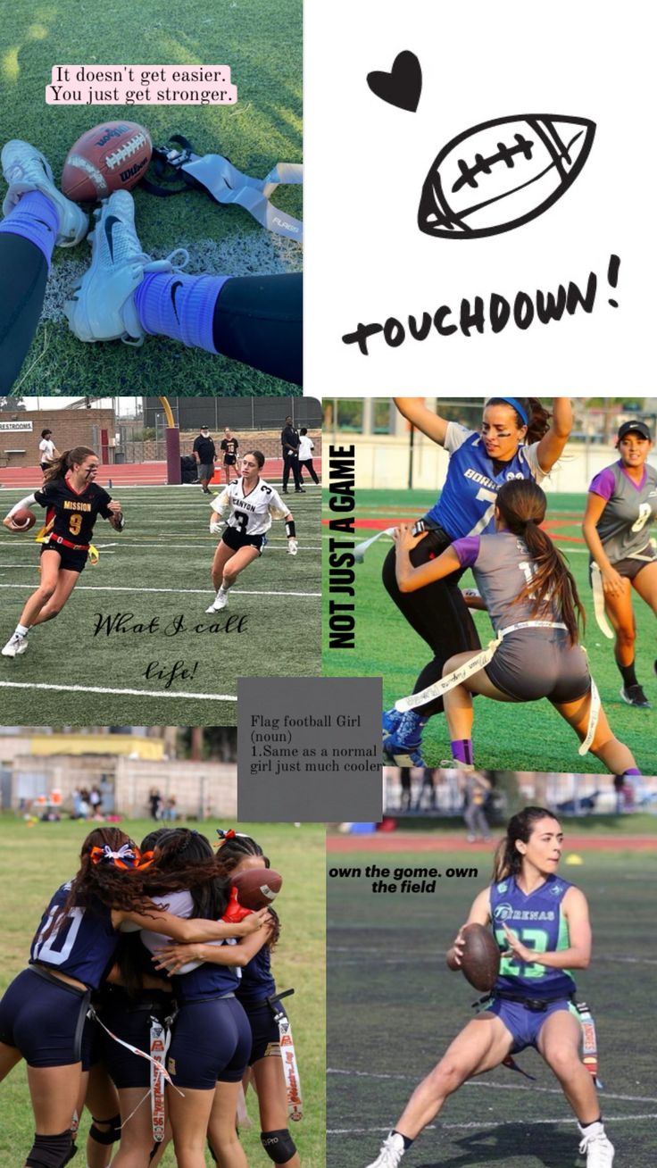 collage of girls playing football in different sports uniforms, with the words touchdown written on them