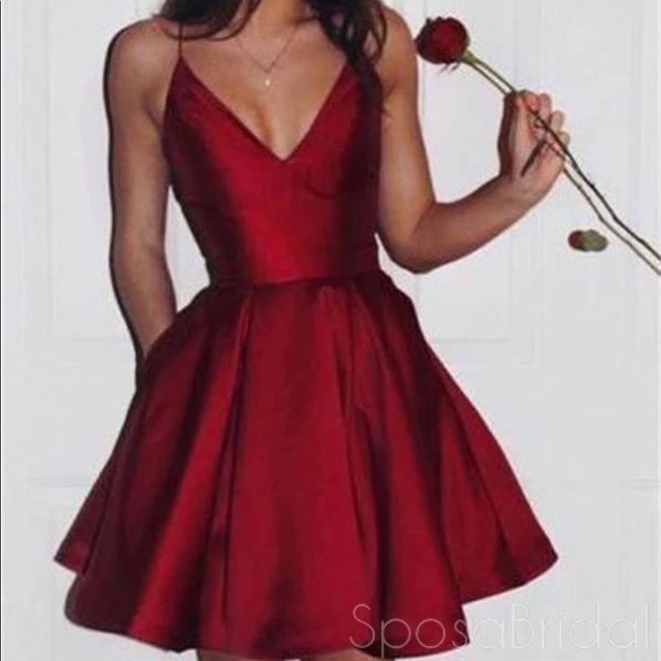 The Dress Is By Vnaix, Has Fairly Deep Pockets, Never Worn, And Fits Sizes 6-8 With The Adjustable Corset Style On The Back. Red V-neck Mini Dress For Prom, Burgundy Homecoming Dress, Burgundy Homecoming Dresses, Jacques Fath, Satin Homecoming Dress, Gaun Fashion, Prom Dresses With Pockets, Junior Prom Dresses, V Neck Prom Dresses