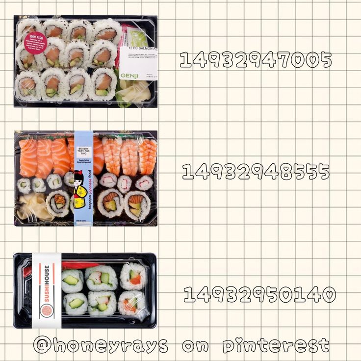 three different types of sushi in plastic containers on a gridded background with numbers