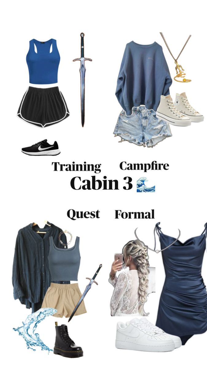 some clothes and shoes are shown with the words training campfire cabin 3 quest formal