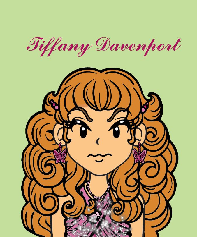 a drawing of a girl with long red hair and pink dress on her chest, in front of a green background that says tiffany davenport