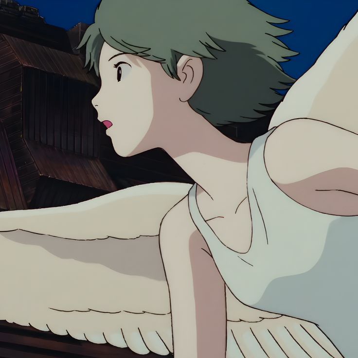 an anime character with green hair and white wings