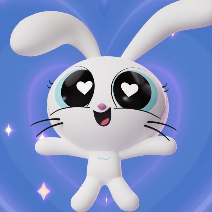 a white rabbit with big eyes and black ears is standing in front of a blue heart