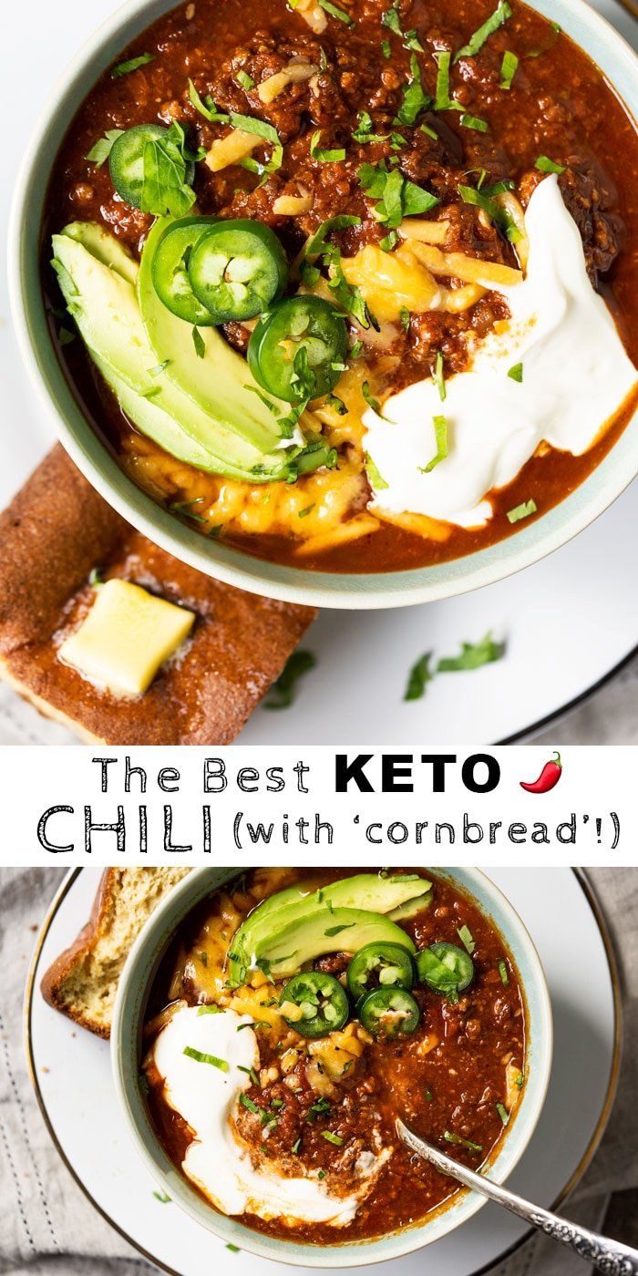 the best keto chili with cornbread is served in two bowls and topped with avocado