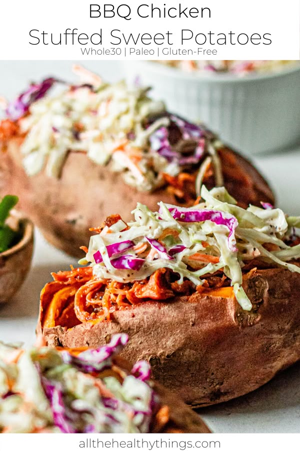 baked sweet potatoes stuffed with bbq chicken and slaw